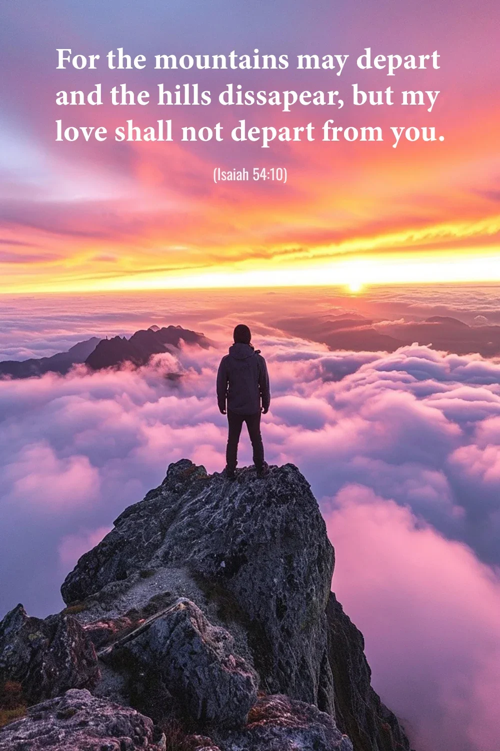 Isaiah 54:10 Bible verse with a person standing above the clouds at sunrise, celebrating God's unfailing love.