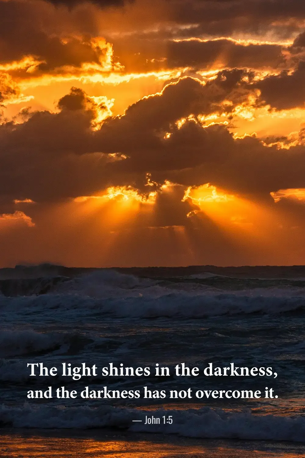 John 1:5 Bible verse with golden sun rays shining through storm clouds over the ocean.