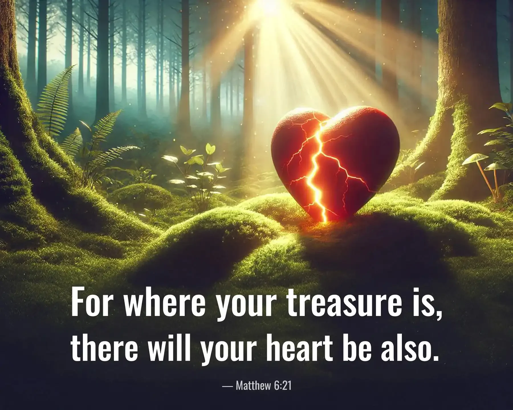 Matthew 6:21 Bible verse featuring glowing heart in forest saying where your treasure is, there your heart will be.