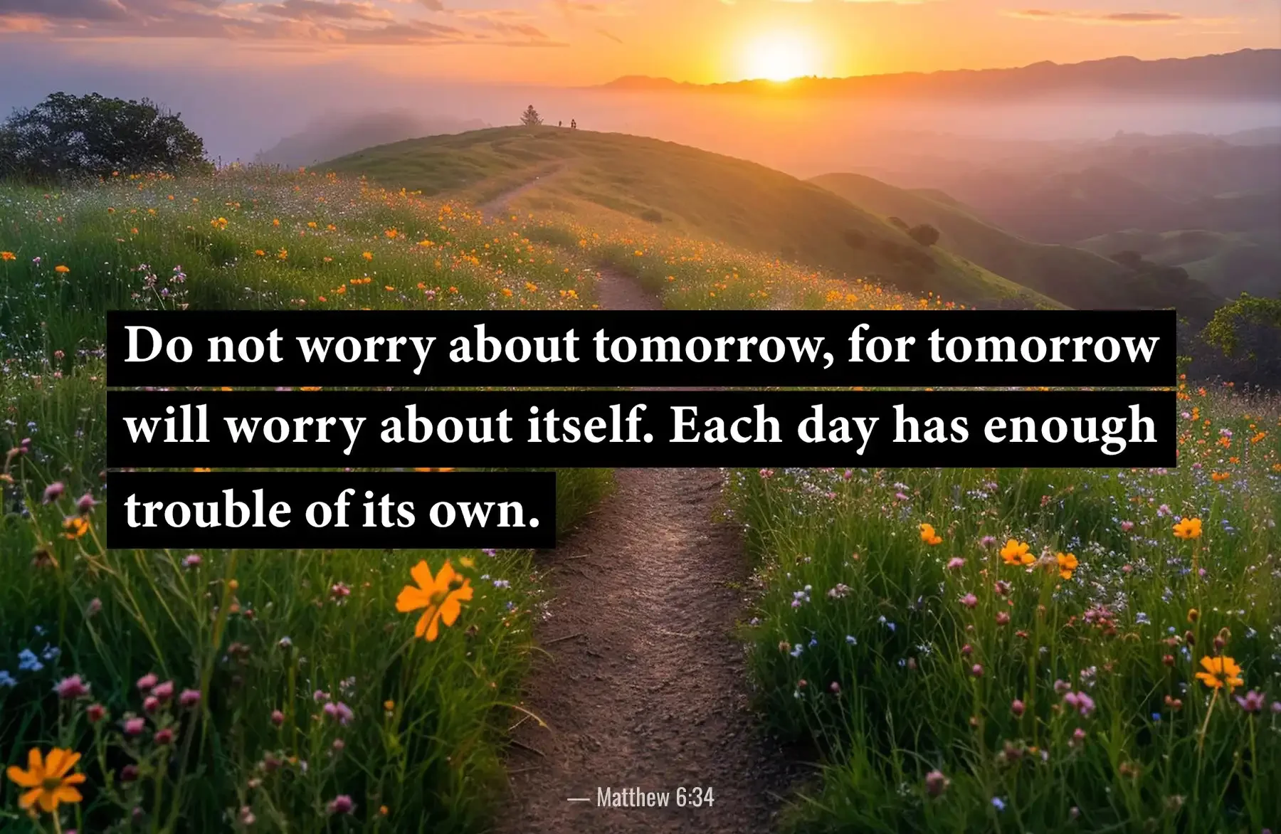 Matthew 6:34 Bible verse along a flower-lined meadow path encouraging trust in God instead of worrying.