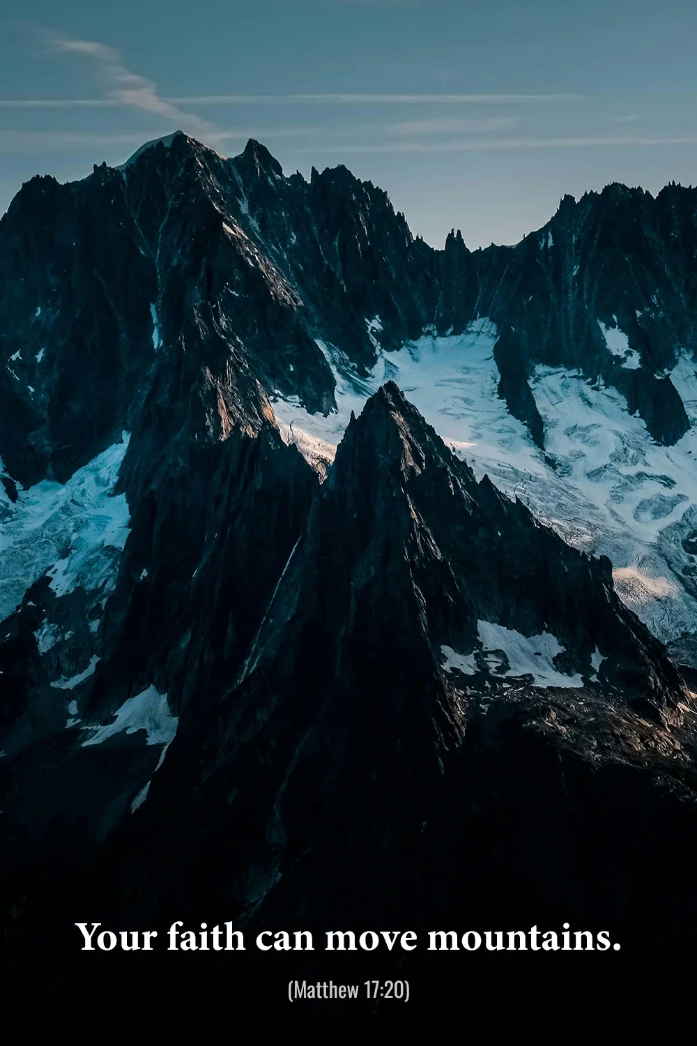 Matthew 17:20 Bible verse with dramatic mountain peaks inspiring faith in God's power.