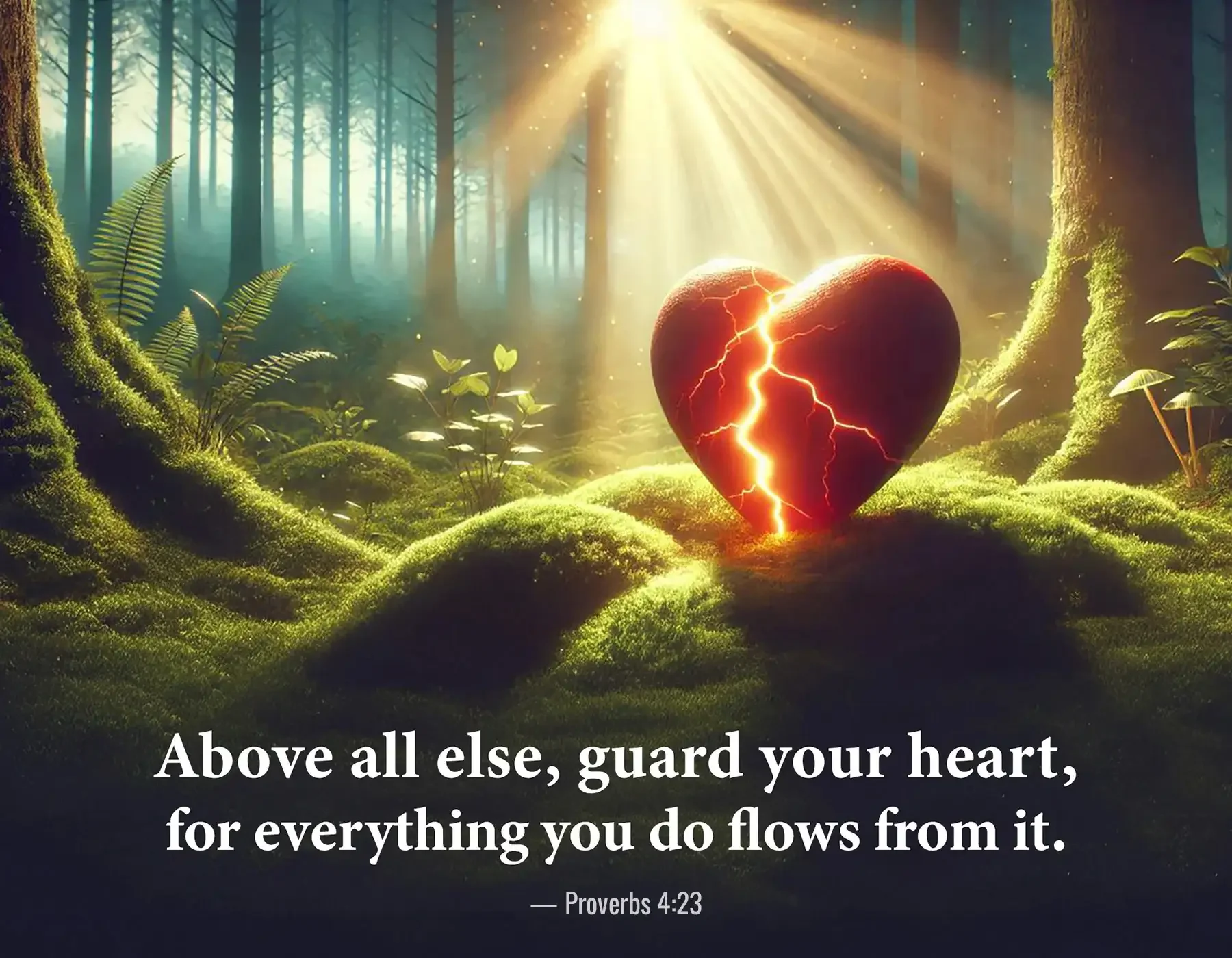 Proverbs 4:23 Bible verse with glowing heart in forest urging believers to guard their hearts.