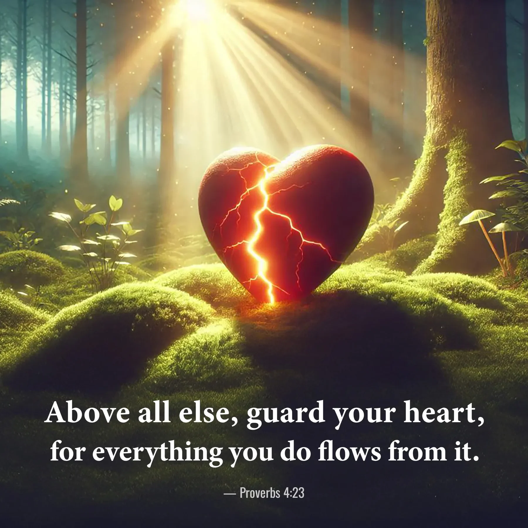 Proverbs 4:23 Bible verse with a glowing heart in a peaceful forest encouraging believers to guard their hearts.