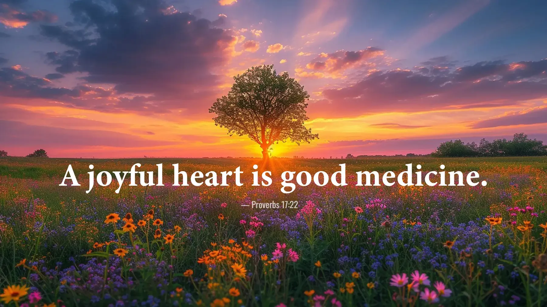 Proverbs 17:22 Bible verse with a blooming flower field about the healing power of a joyful heart.