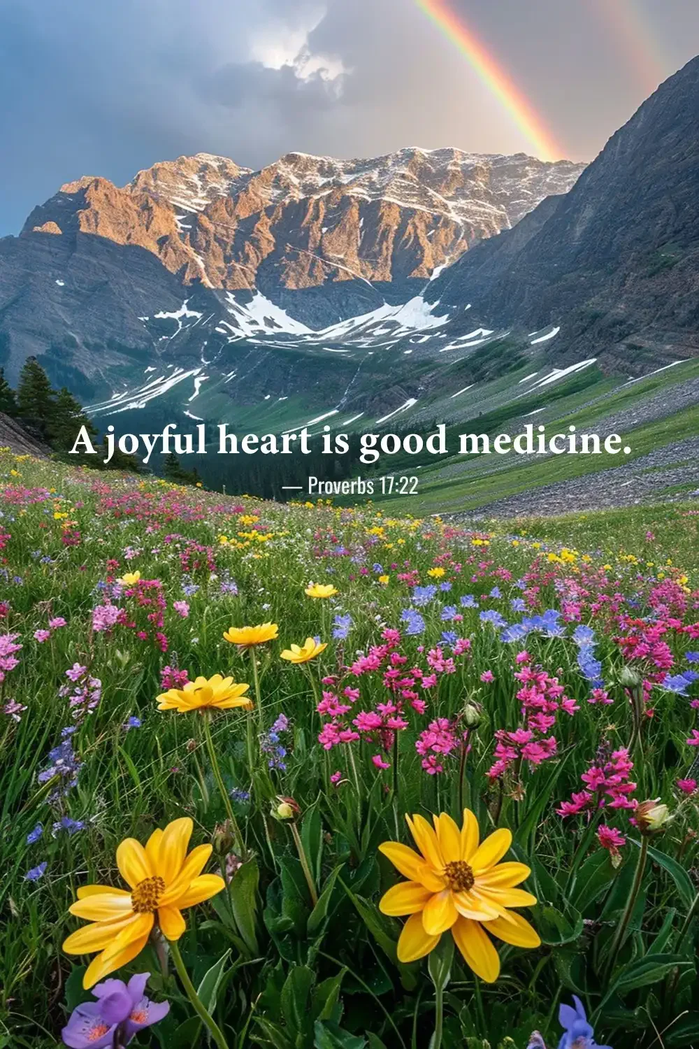 Proverbs 17:22 Bible verse with colorful wildflowers, mountains and a rainbow celebrating a joyful heart.