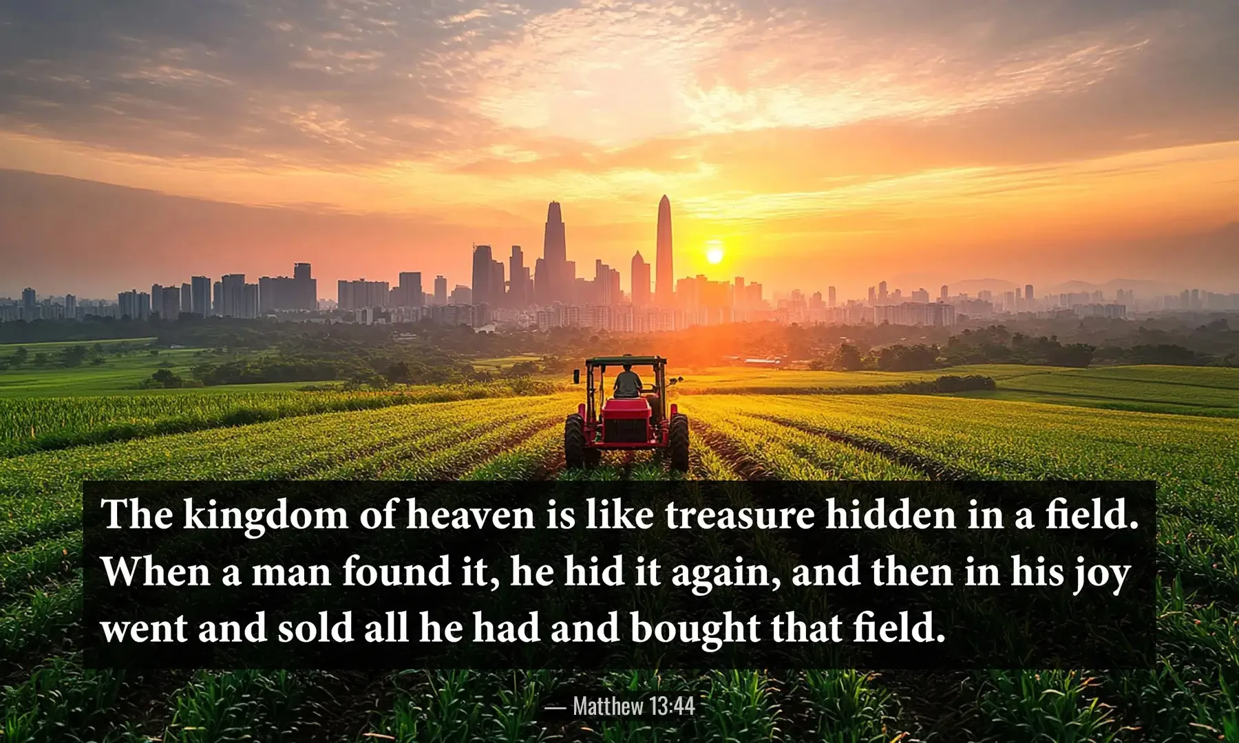 Matthew 13:44 Bible verse with farmland at sunrise describing the kingdom of heaven as hidden treasure.