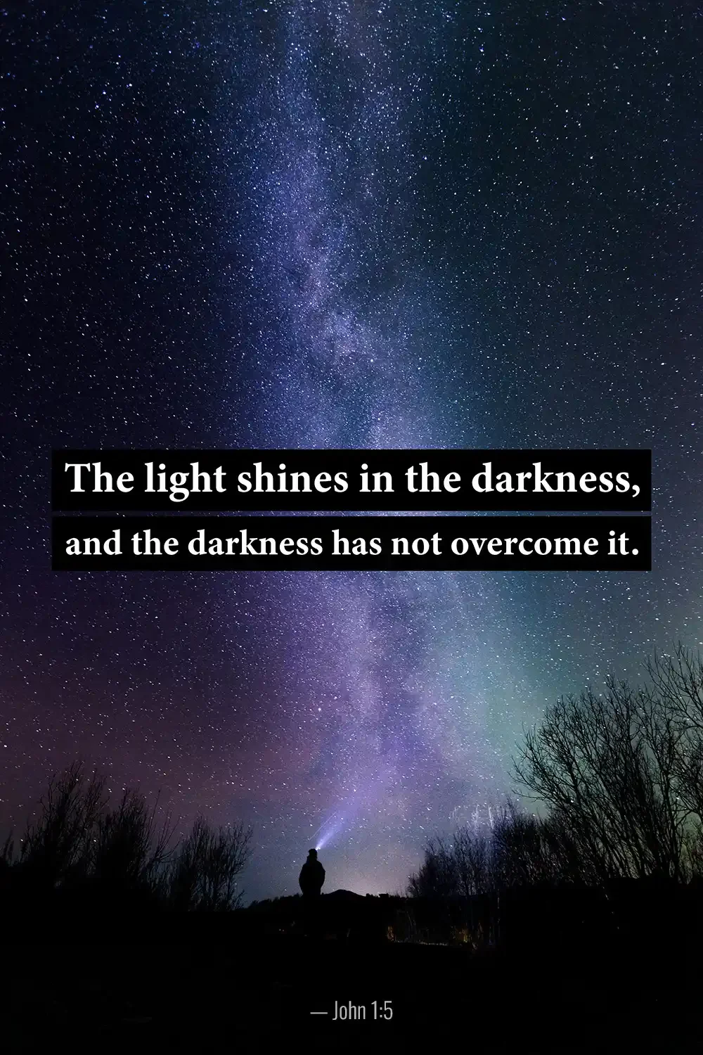 John 1:5 Bible verse beneath a star-filled Milky Way night sky, symbolizing light overcoming darkness.