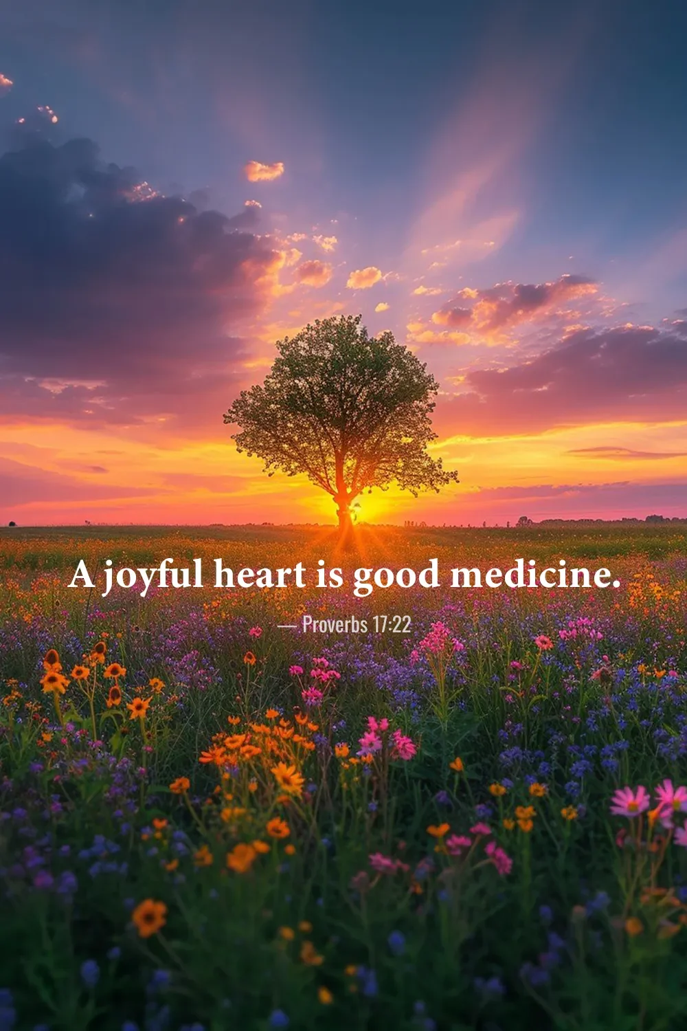Proverbs 17:22 Bible verse with a lone tree at sunset over a blooming flower meadow about the healing power of joy.