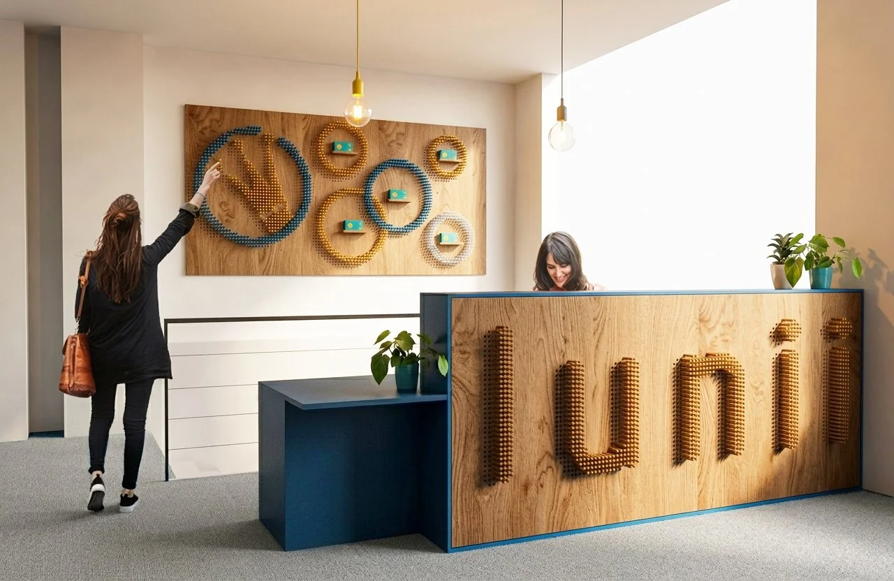 Banque d'accueil sur mesure en bois pour bureaux d'entreprise avec identité de marque ludique