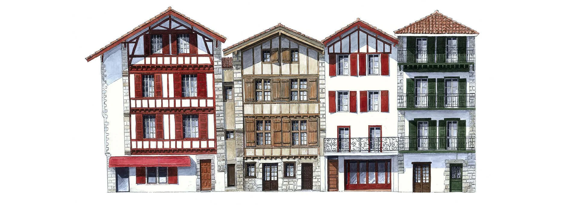 Quatre bâtiments alignés, chacun avec un style architectural différent, au rez-de-chaussée d'autres fenêtres et portes en bois, façades colorées avec volets et balcons.