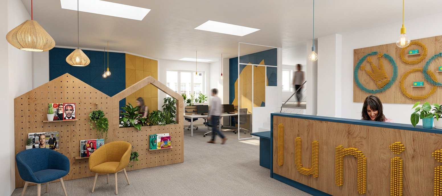 Aménagement de bureaux professionnels avec banque d'accueil sur mesure conçu par architecte d'intérieur