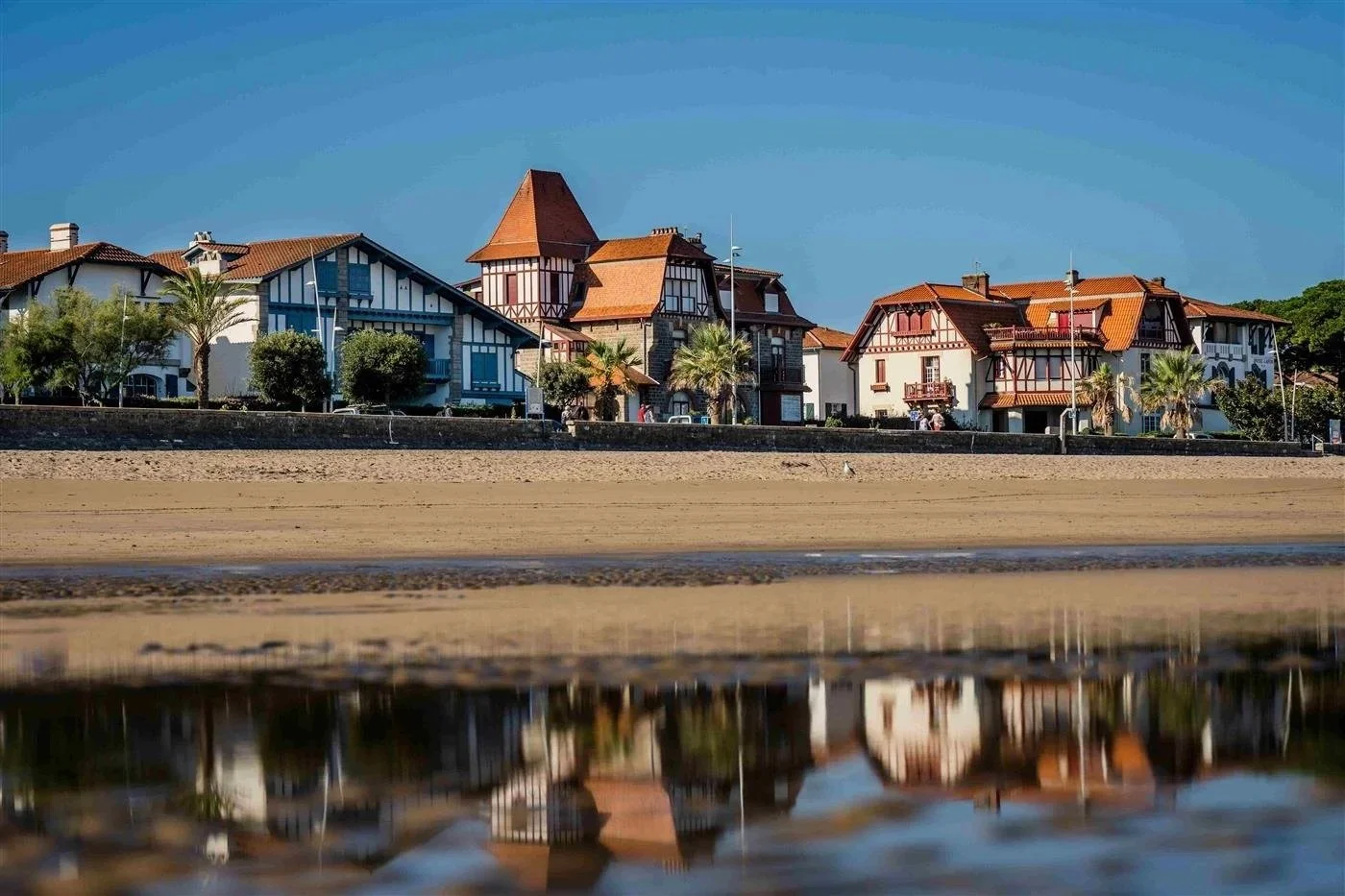 Maisons en bord de mer avec des toits en tuiles rouges et des palmiers, reflet dans l'eau, ciel clair.