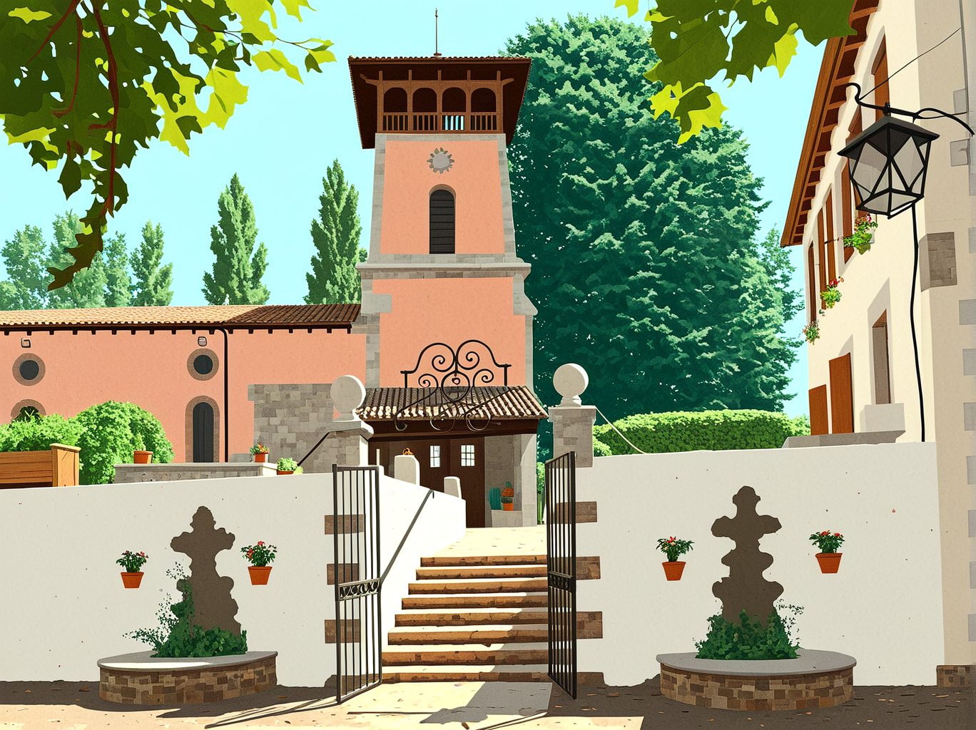 Vue d'un bâtiment de style méditerranéen avec un clocher rose, entouré de végétation verte et de murs blancs, avec un escalier menant à l'entrée et des lampes suspendues.