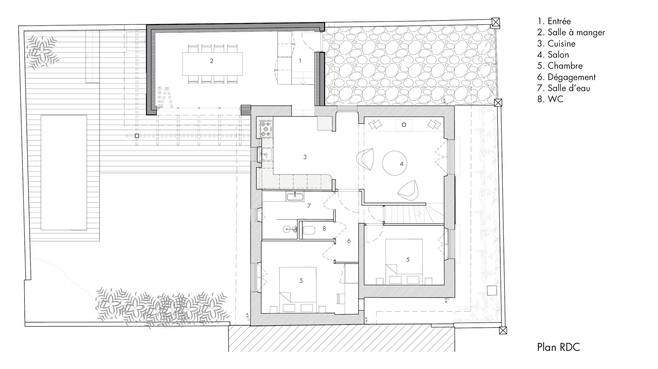 Plan du rez-de-chaussée projeté après rénovation et extension d’une maison à Saint-Jean-de-Luz
