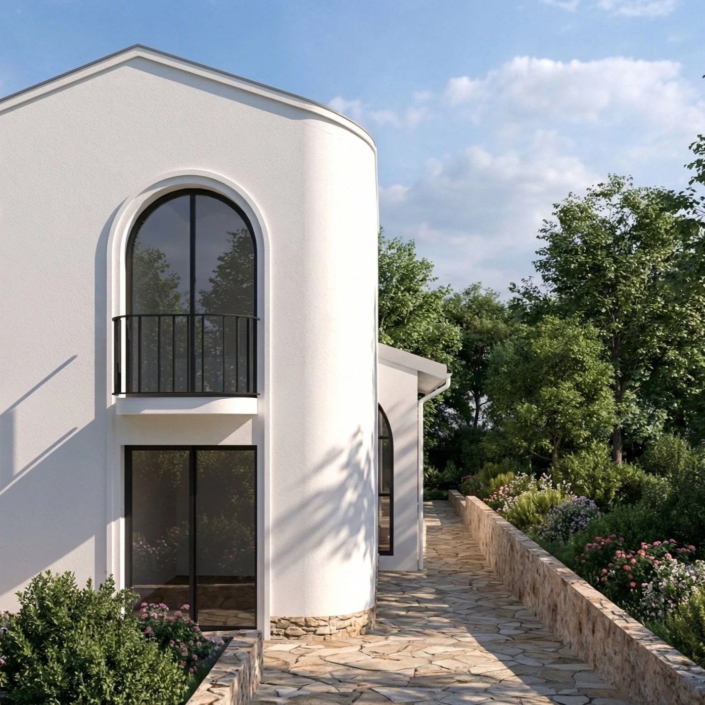 Maison moderne blanche avec balcons en fer forgé, vue d'une allée pavée bordée de fleurs, arbres verts et ciel bleu avec nuages