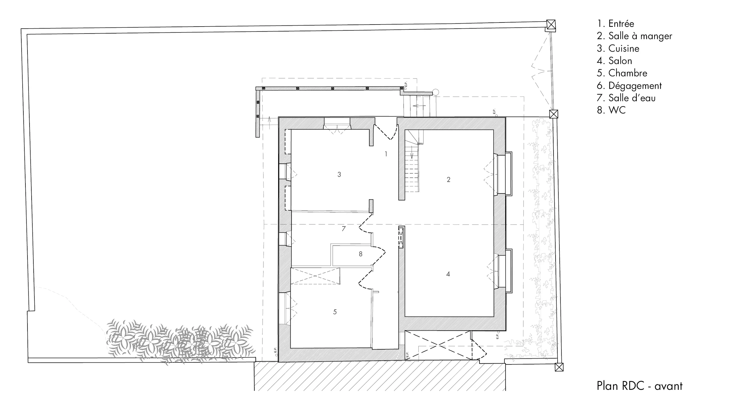 Plan du rez-de-chaussée existant avant extension d’une maison à Saint-Jean-de-Luz