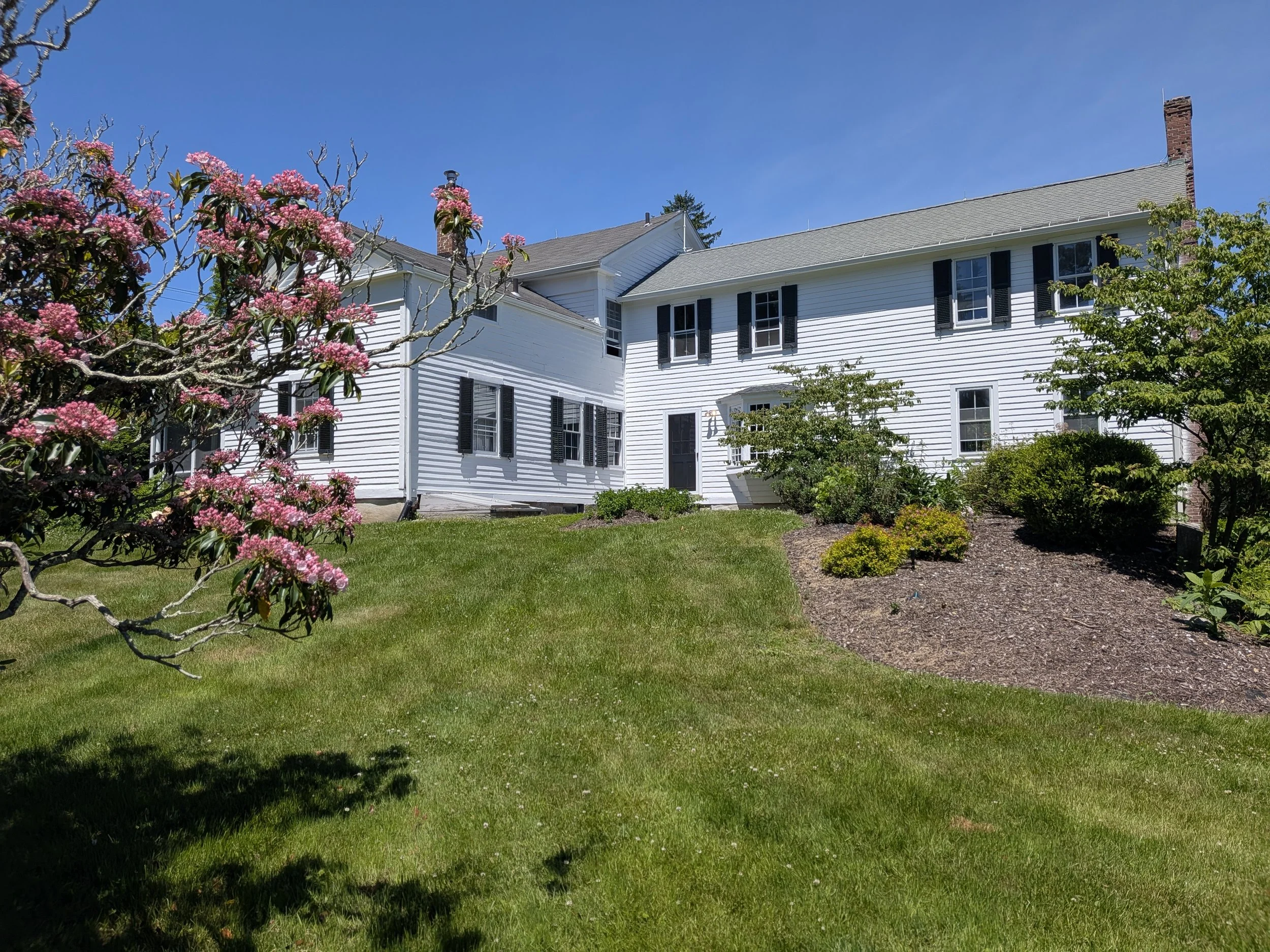 A white house with black shutters, a small front door, and a chimney, surrounded by green grass and trees with pink flowers, under a clear blue sky.