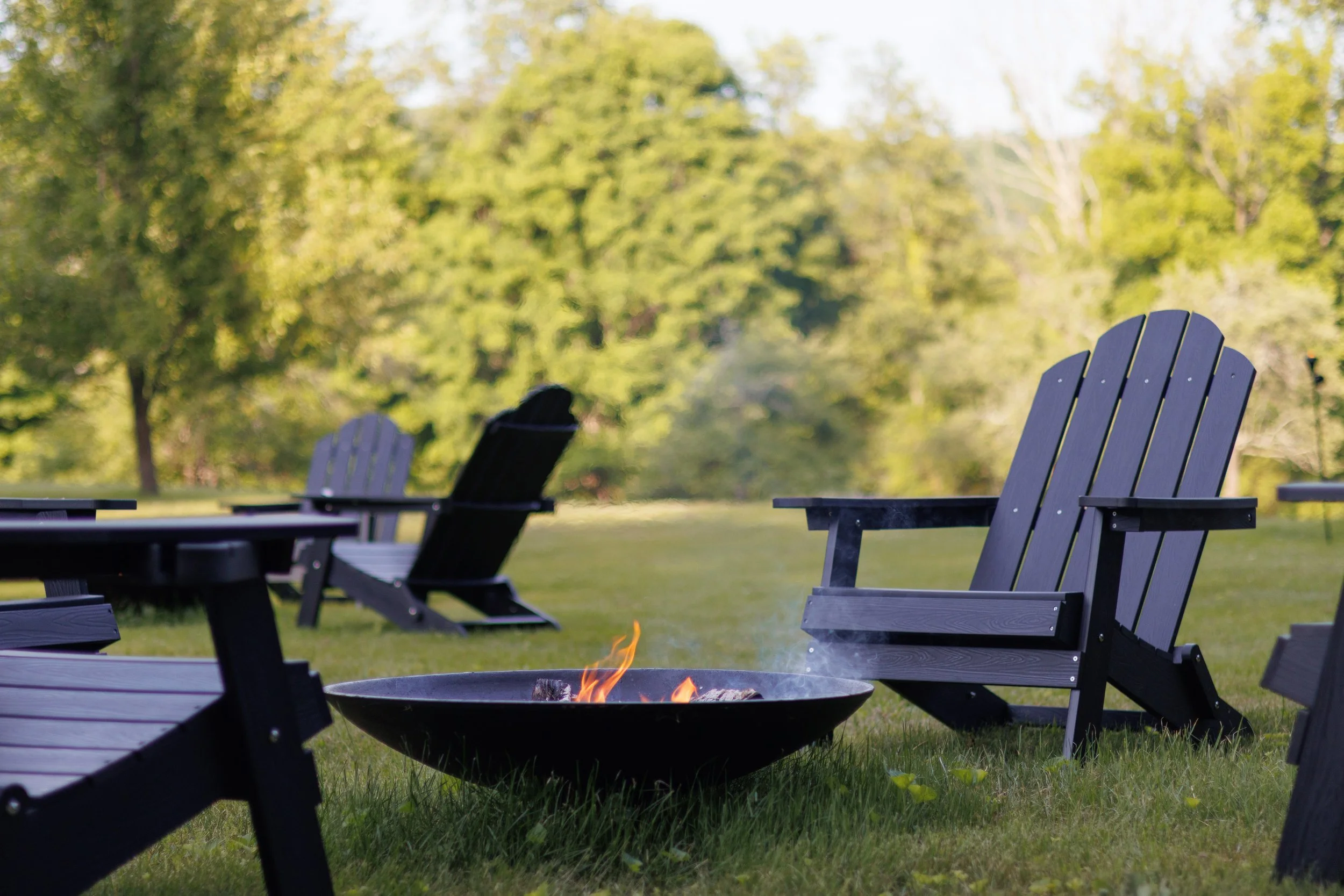 Empty outdoor seating area with wooden chairs around a fire pit in a grassy park, with green trees in the background.