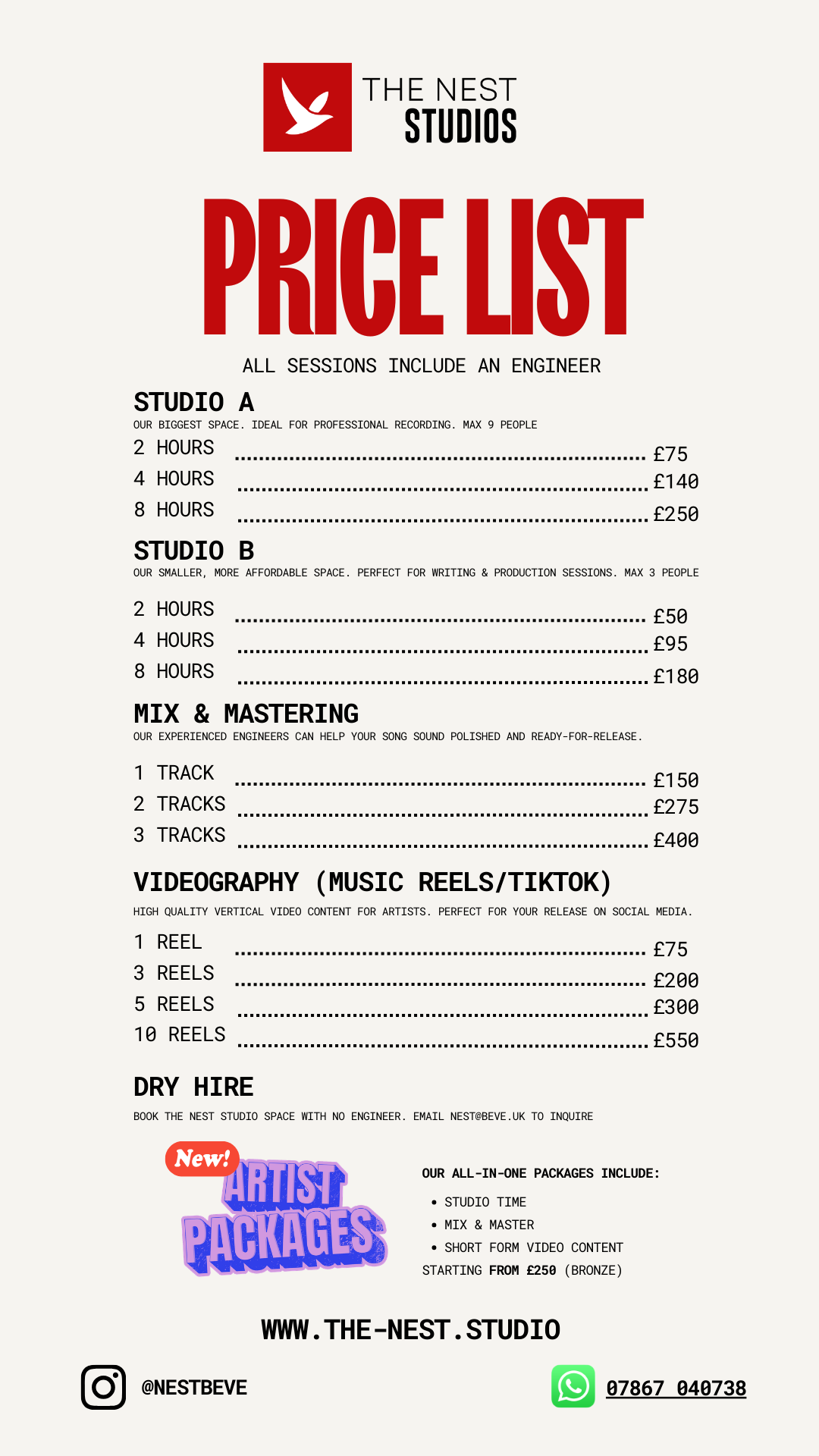 Price list for The Nest Studios, detailing costs for recording studio sessions, mixing, mastering, videography, and dry hire, with contact information and branding at the bottom.