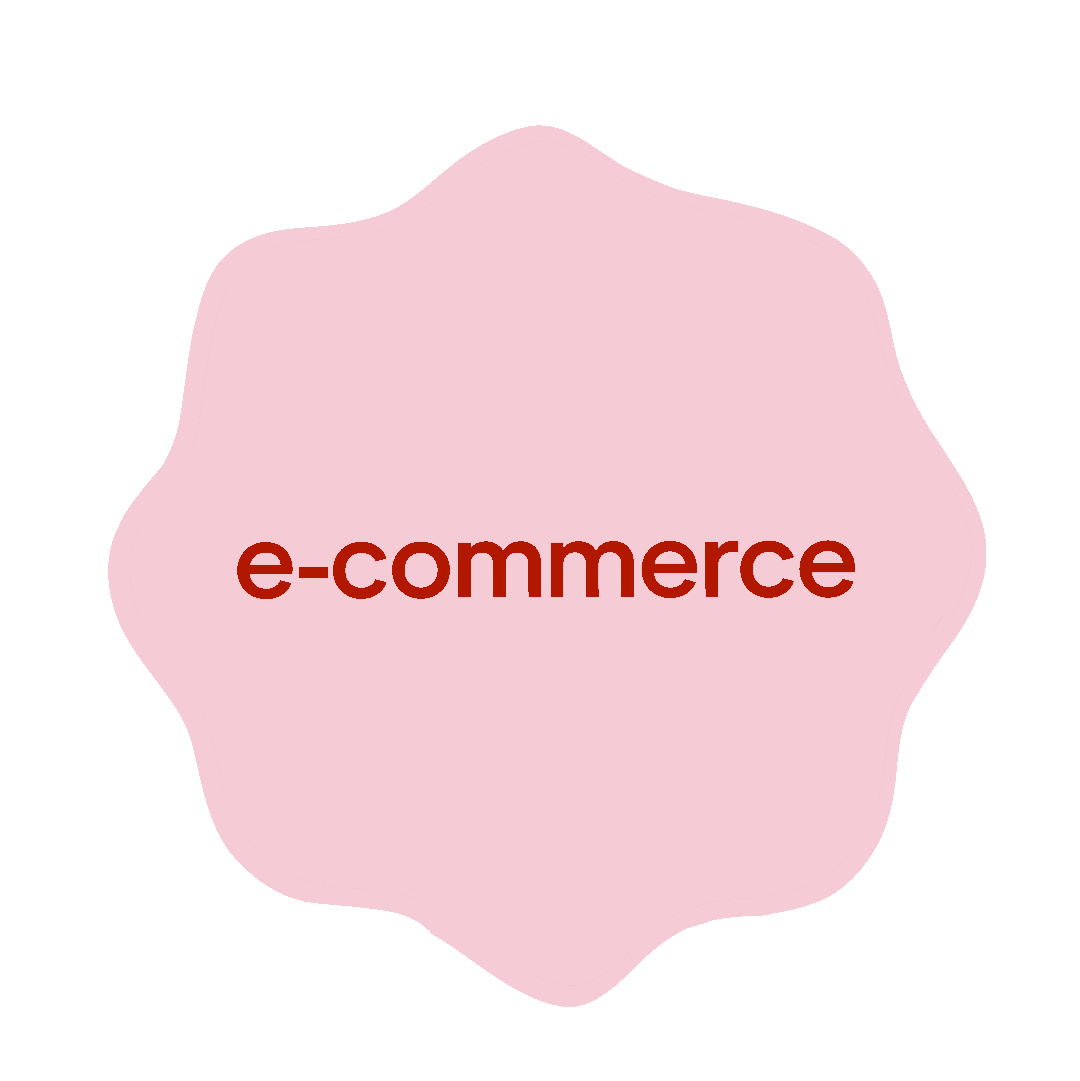 Símbolo de comercio electrónico con fondo rosa y texto en rojo que dice 'e-commerce'.