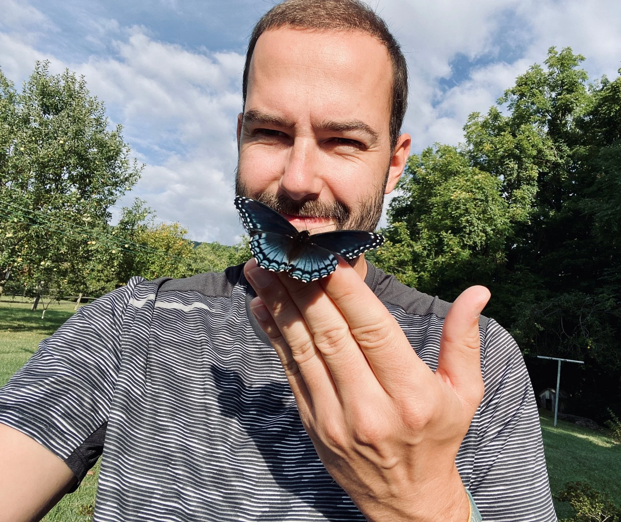 Ein Mann hält einen blauen Schmetterling auf seiner Hand im Freien bei Sonnenlicht.