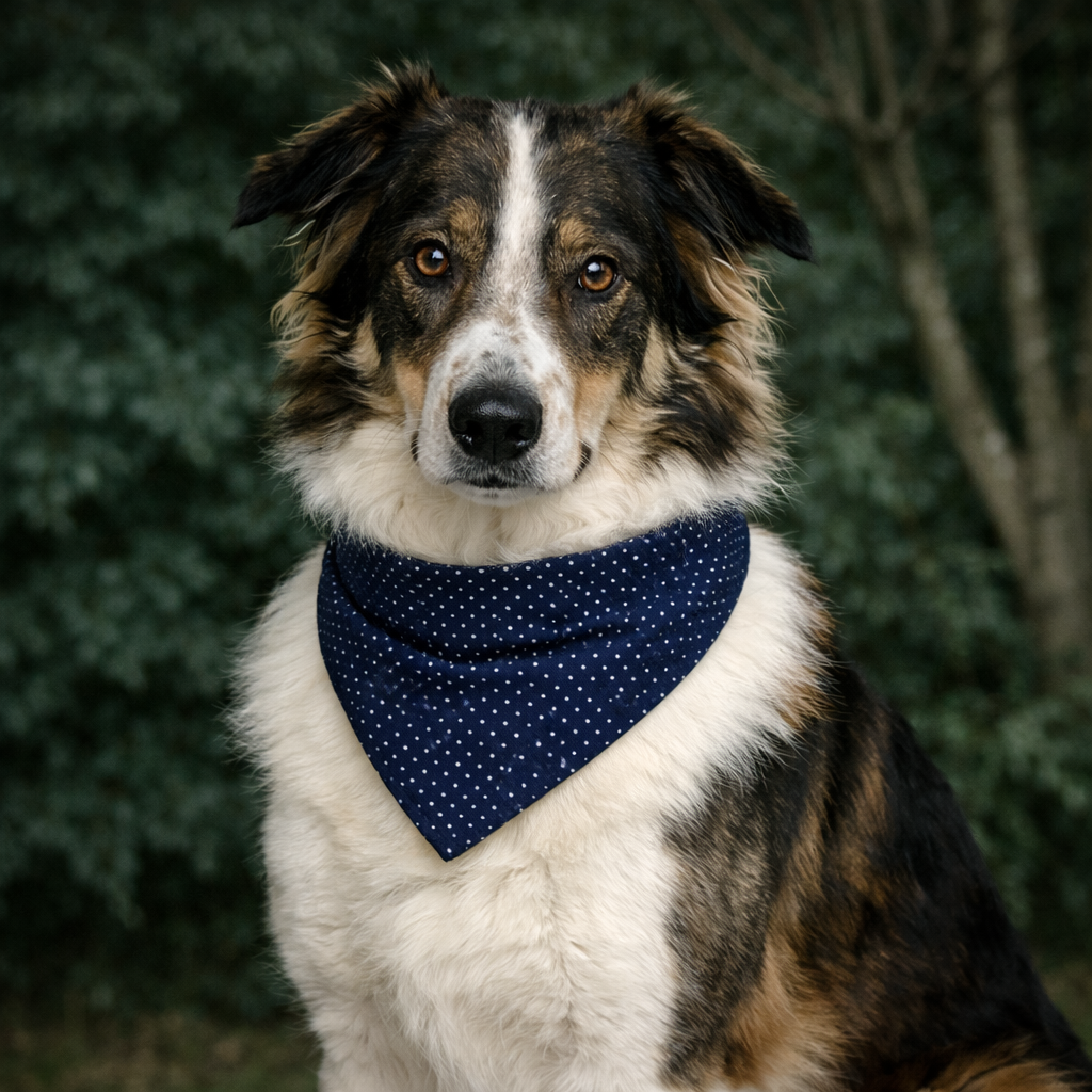 Ein Hund mit braun-schwarzem Fell, der einen blauen Halstuch mit weißen Punkten trägt, sitzt vor einem grünen Busch.