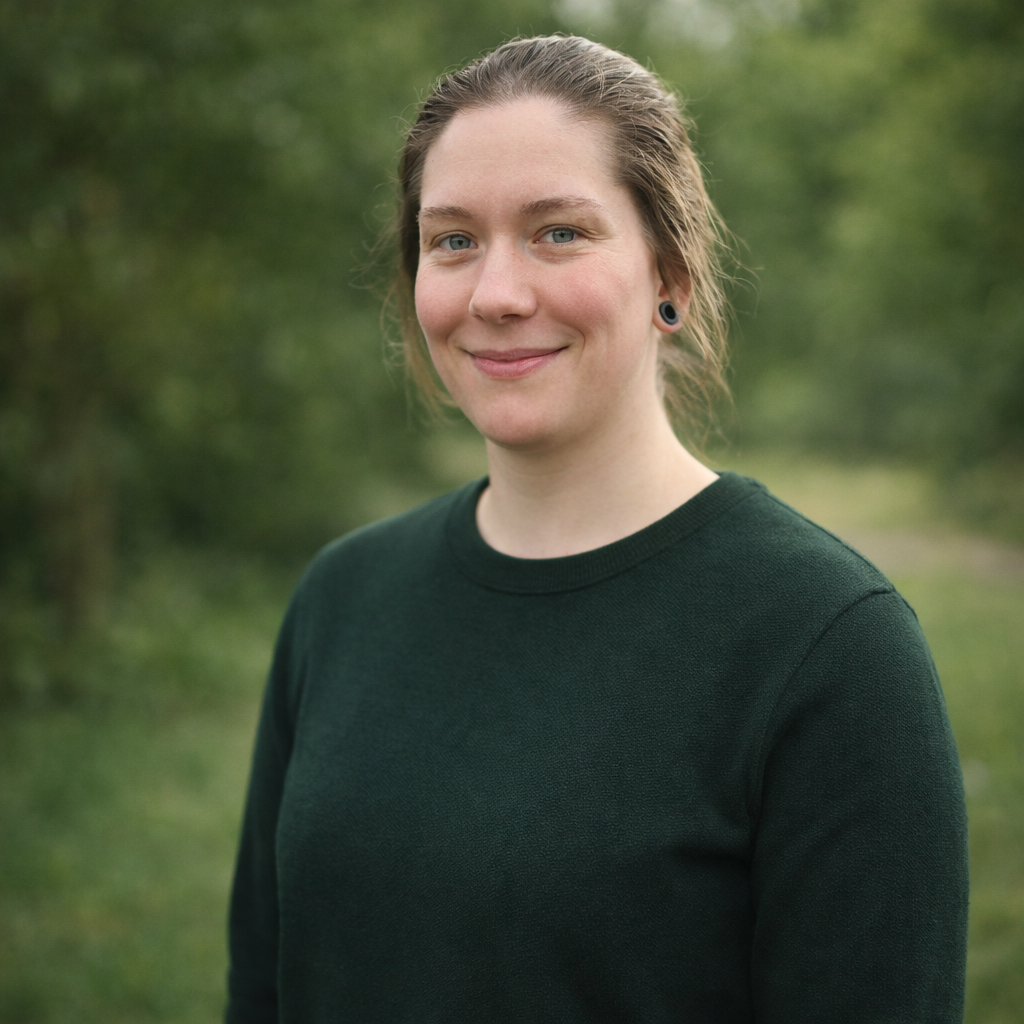Junge Frau mit braunem Haar und Ohrringen, trägt einen weißen Pullover, steht im Freien vor grüner Natur, lächelt in die Kamera.