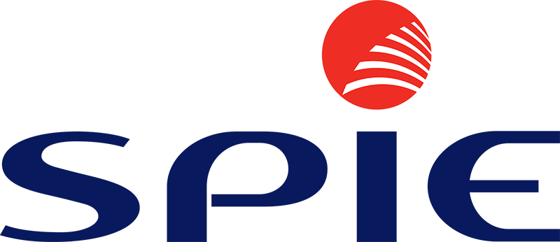 Logo eines Unternehmens namens 'Spie' mit einem roten Kreis und weißen Linien über dem Text.