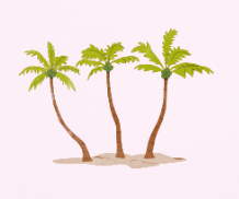 Three palm trees on a sandy surface against a pink sky.