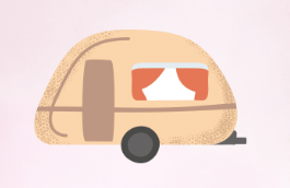 Illustration of a small beige camper trailer with two windows and a wheel.