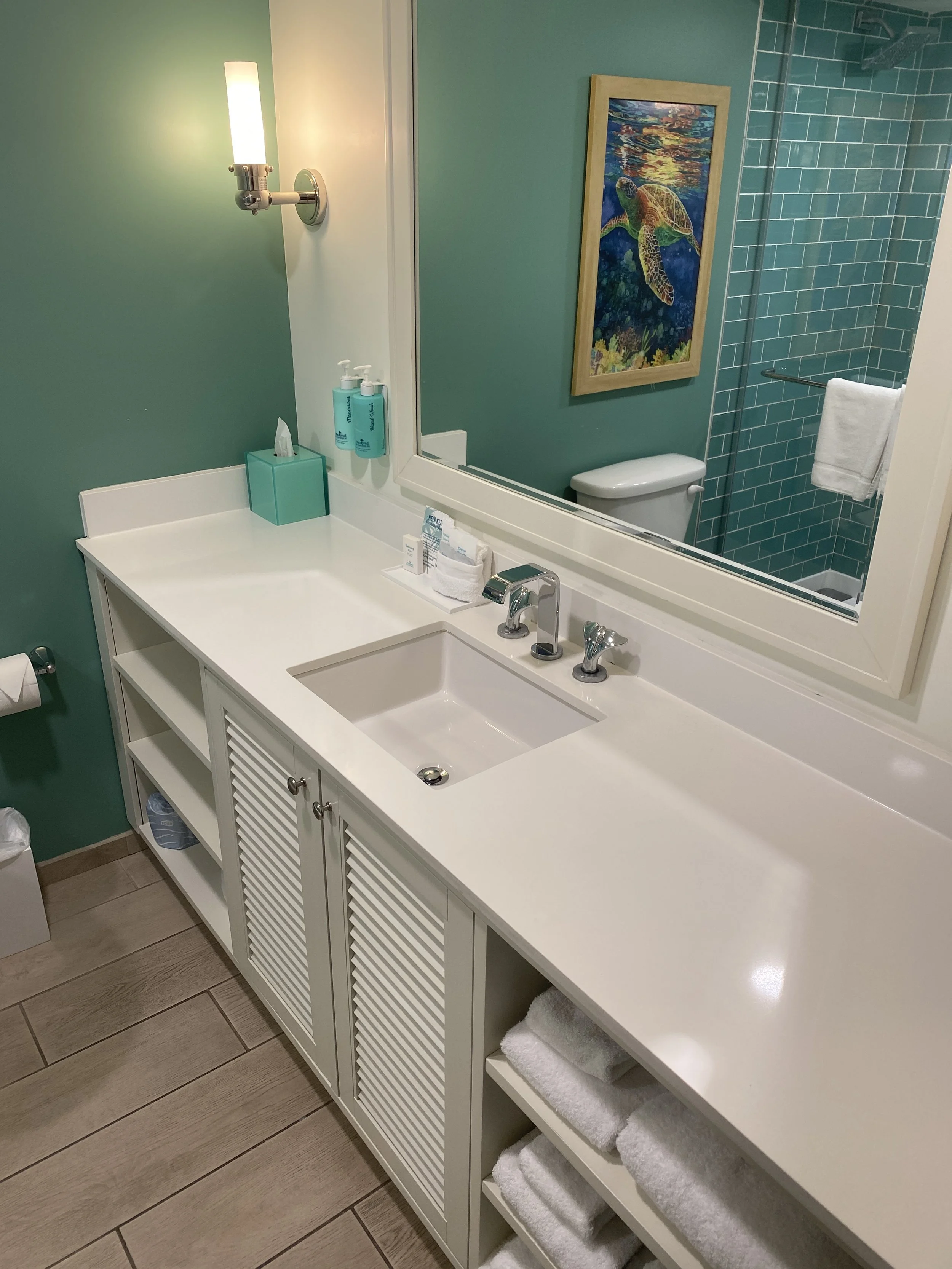 A bathroom with a white vanity, a large mirror, and a green wall. The vanity has a small sink, toiletries, and towels. There is a mirror above, and a shower area with a towel on the rack. A framed picture of a sea turtle is on the wall.