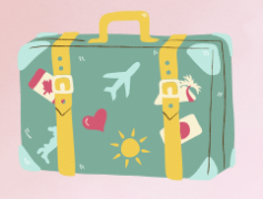 A light blue suitcase decorated with travel-themed stickers including an airplane, hearts, a sun, and a gift, with yellow straps.