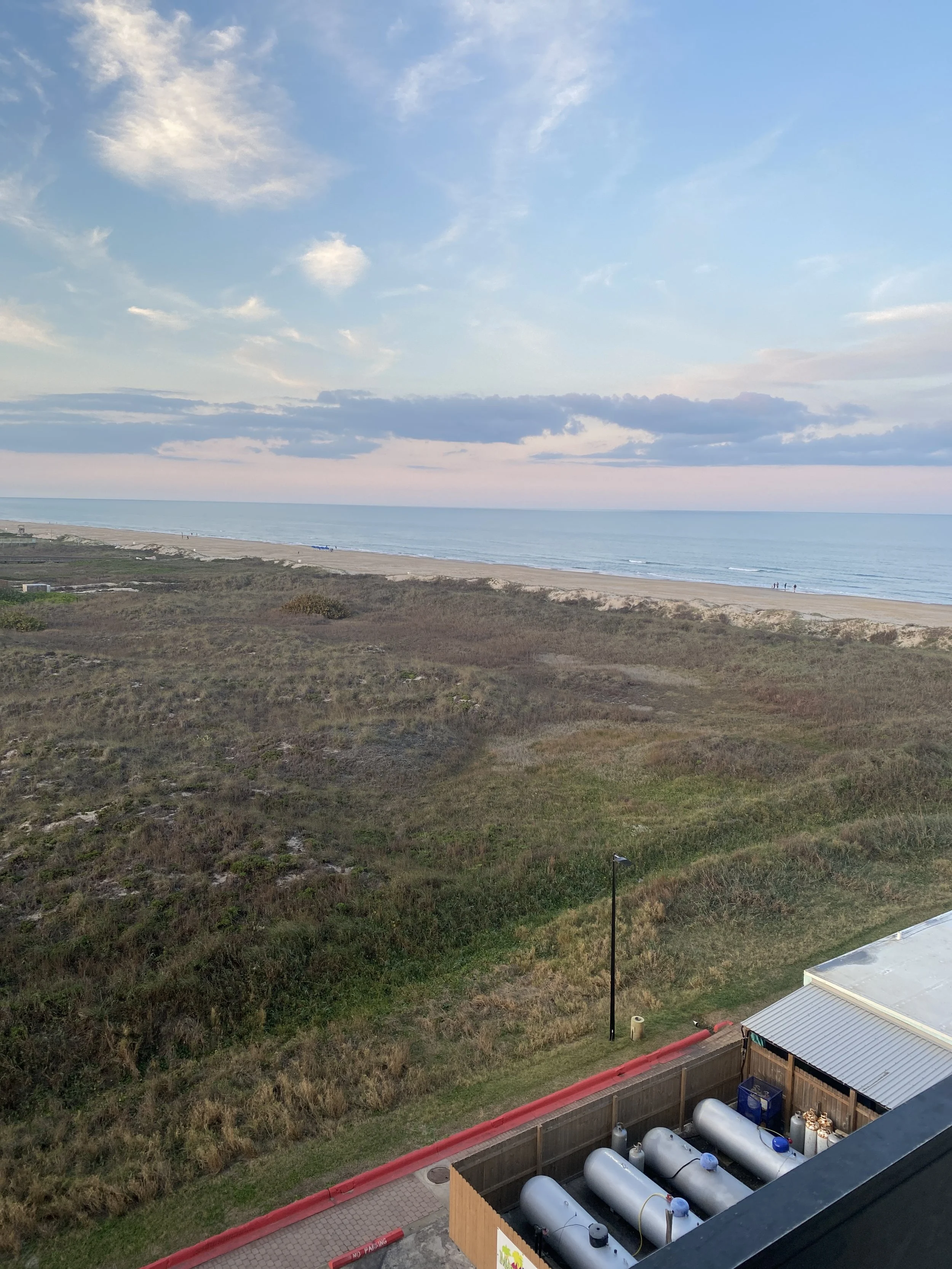 View of a sandy beach and ocean under a partly cloudy sky, with some vegetation and a building with propane tanks in the foreground.