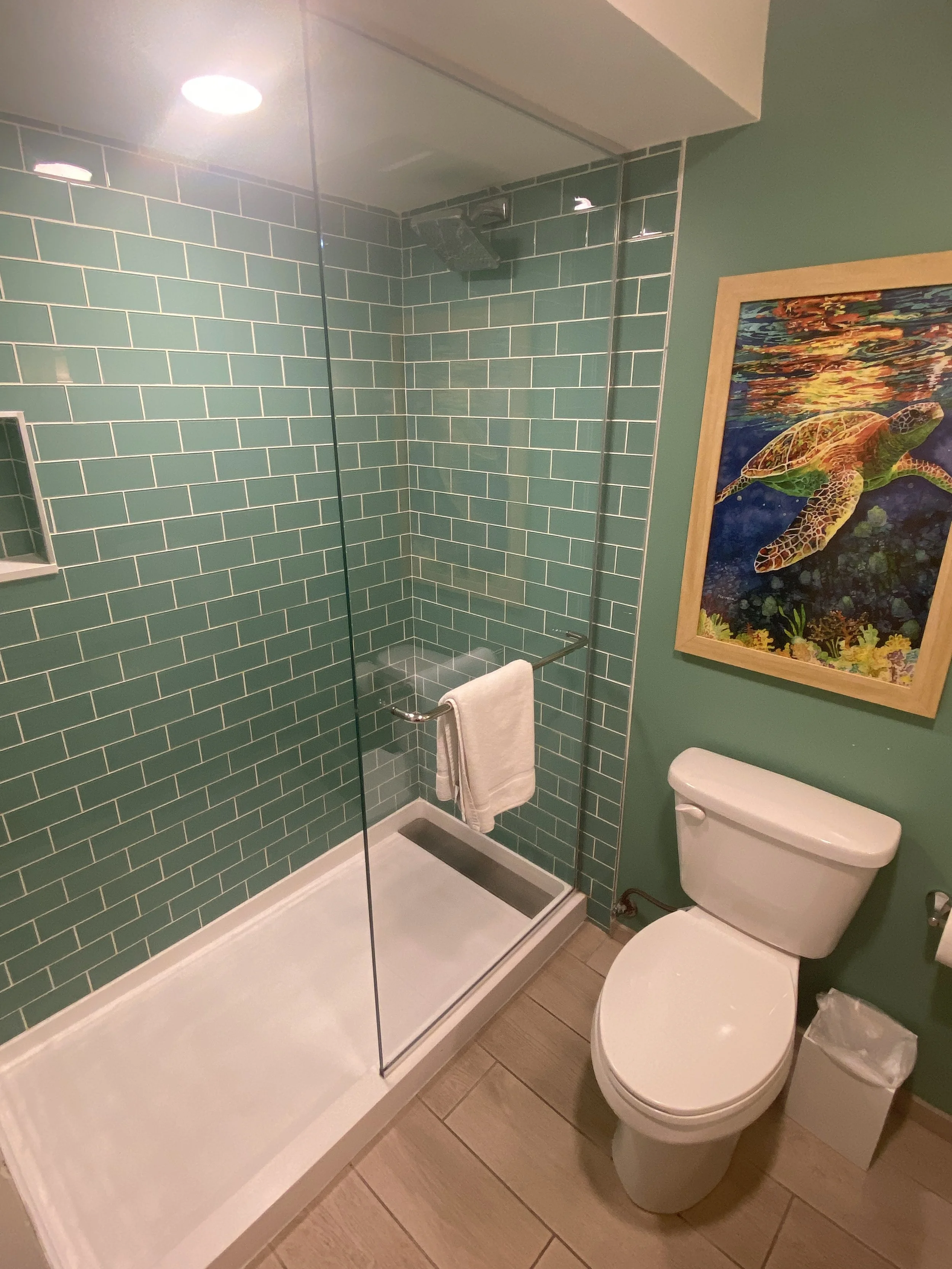Bathroom with green-tiled shower area, glass door, white toilet, framed sea turtle artwork, and wood-look tile flooring.