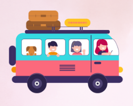 Cartoon illustration of a pink and purple bus with four passengers inside, including children and a woman, with luggage and a thermometer on the roof.