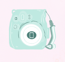 A light blue instant camera with a strap, photographed against a light pink background.