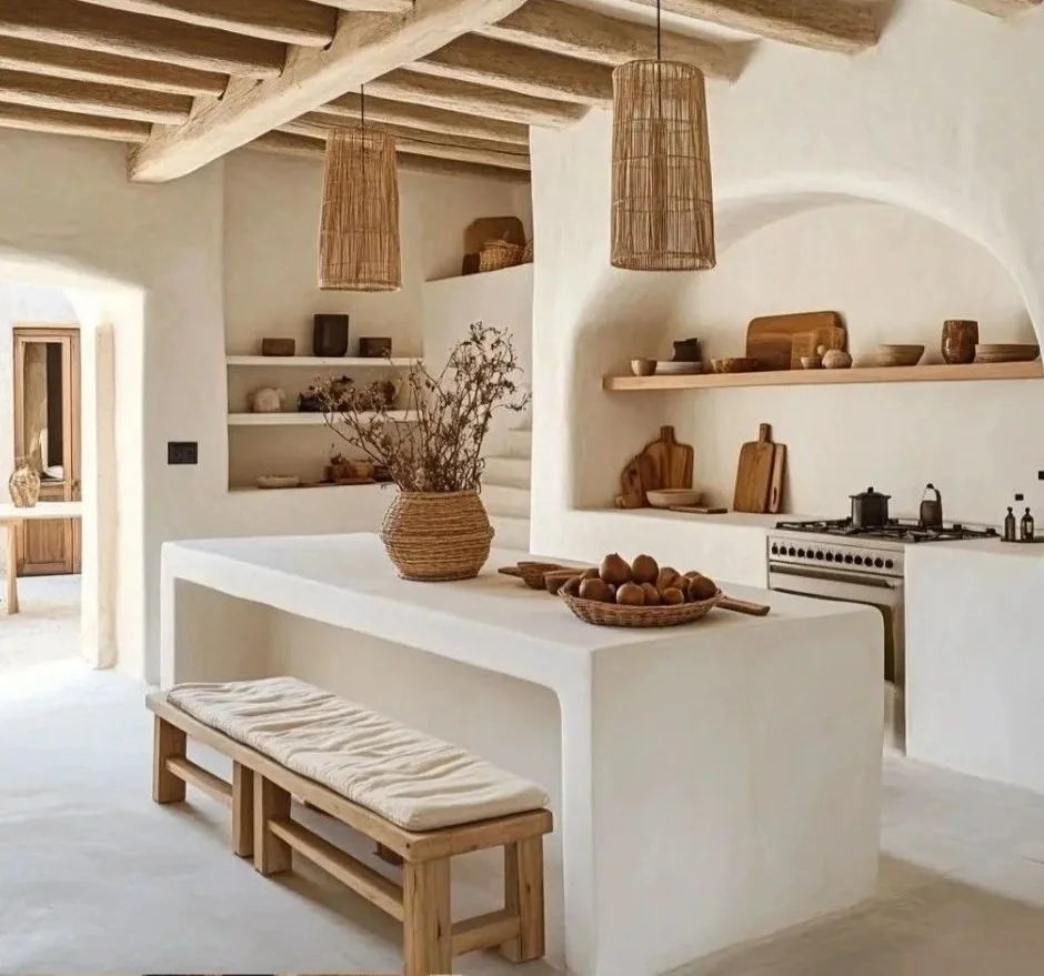 Cuisine bohème sur mesure mariant le béton cellulaire et le bois - © Pinterest