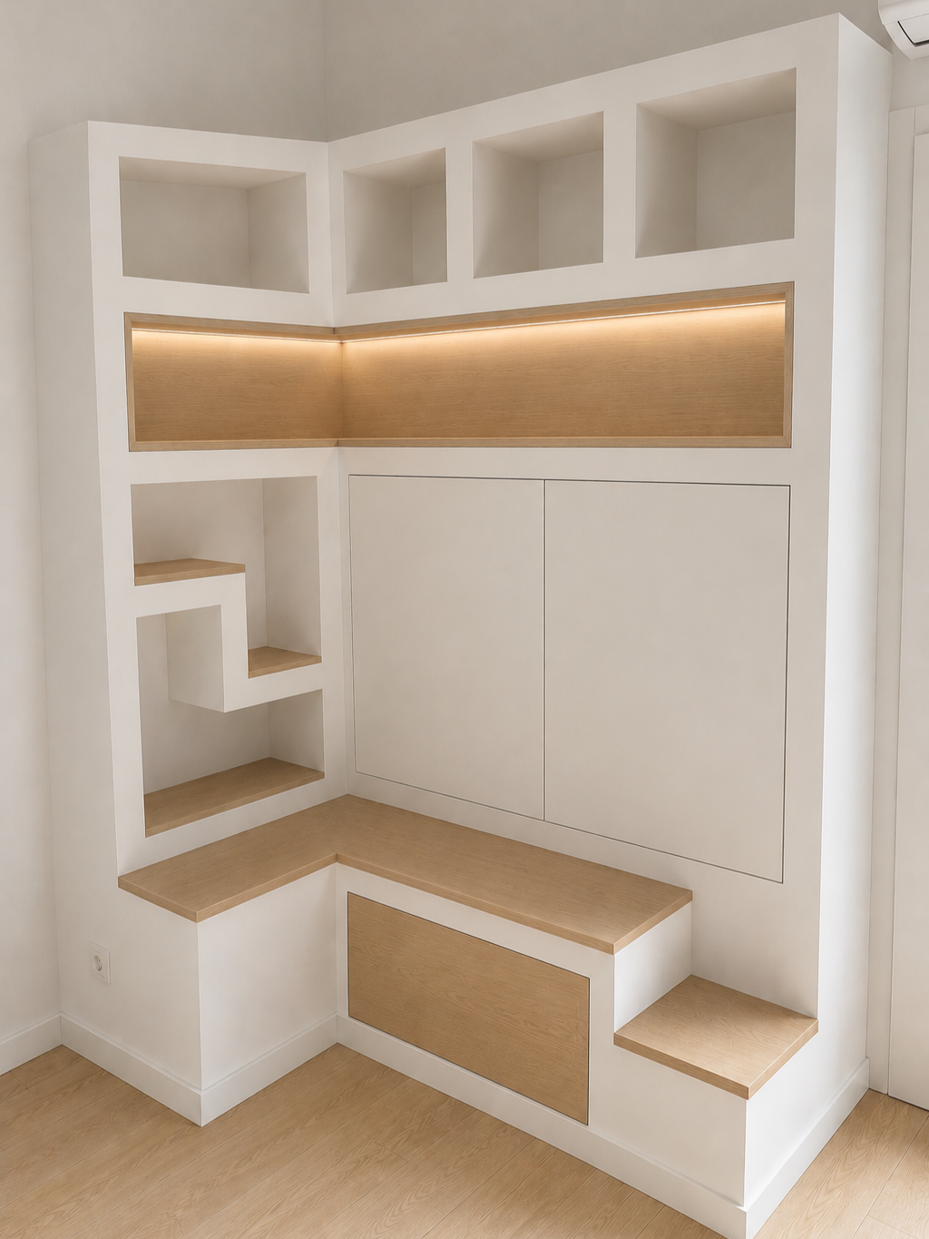 Réalisation Placo - Meuble TV d'angle avec niches et éclairage LED / Réalisé en collaboration avec @bbdesign