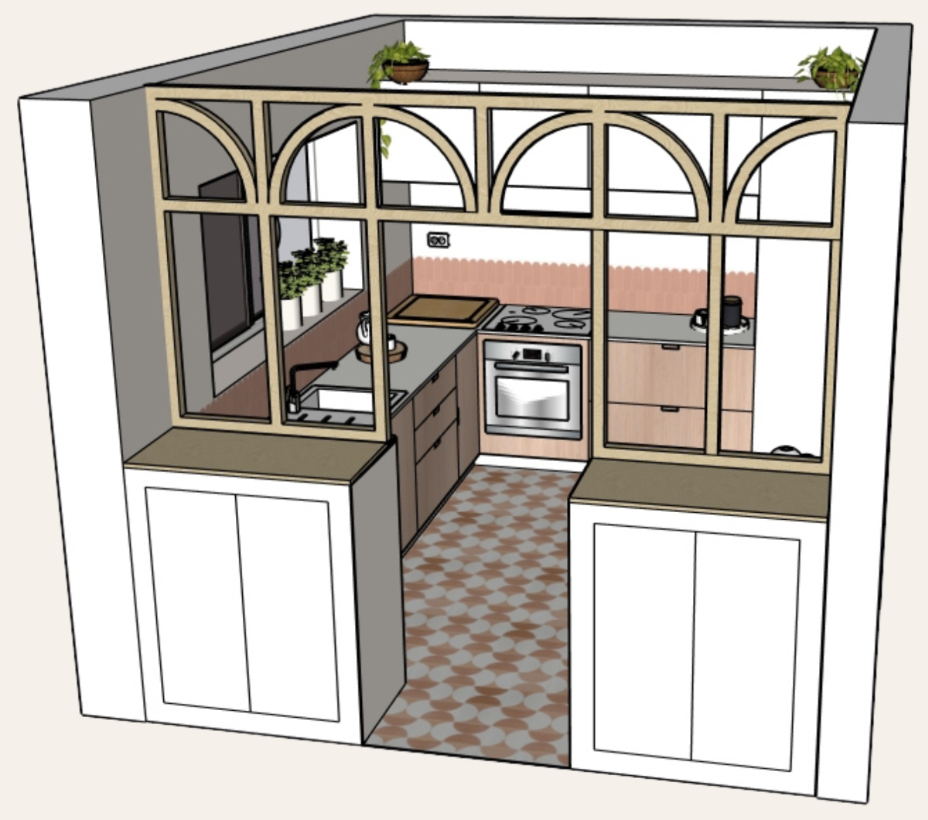 Design 3D - Projet Cuisine avec Verrière avec soubassements maçonnés 