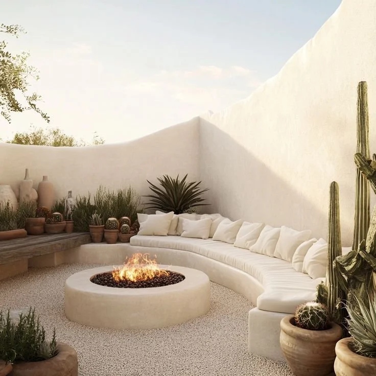 La perfection d'une banquette extérieure maçonnée autour d'un brasero - © Paisagistica