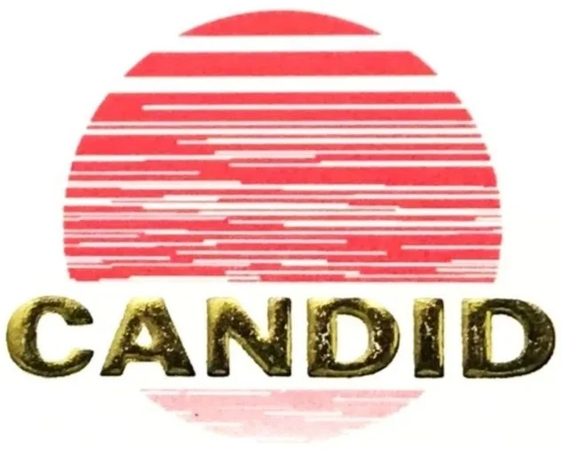 A stylized red sun with horizontal stripes and the word "CANDID" in gold textured letters below.