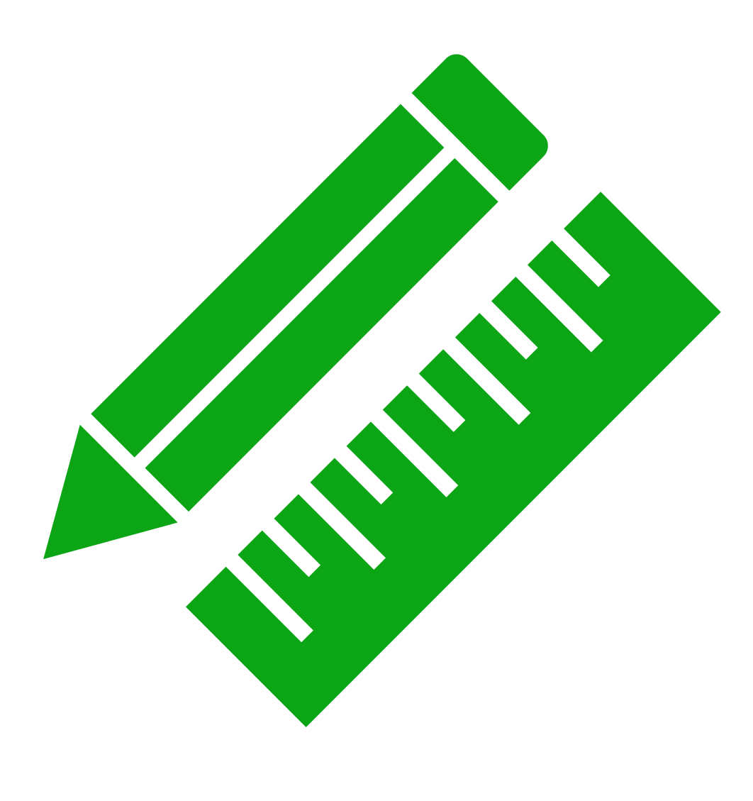 Green pencil with a green ruler underneath it, both showing black measurement markings.