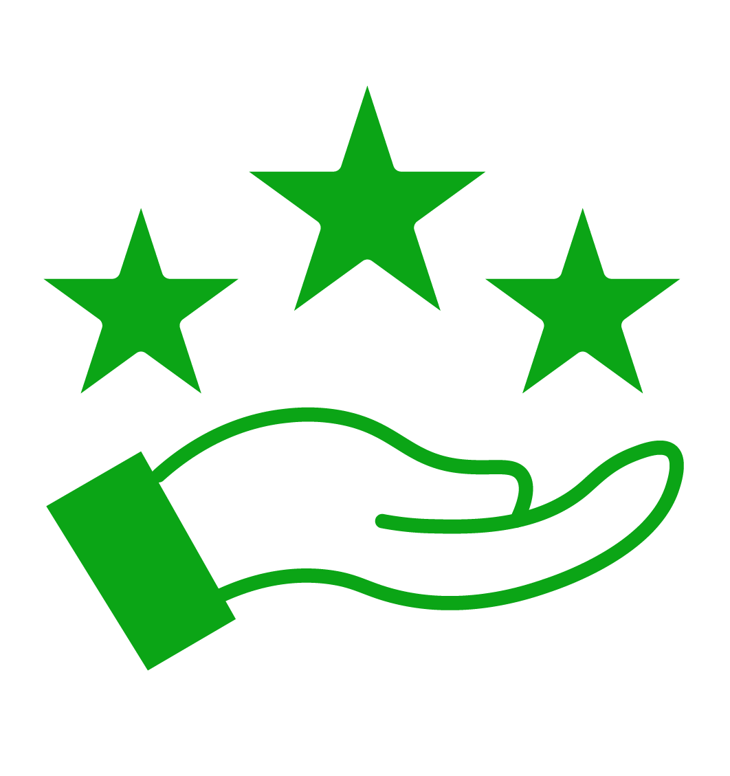 Green stars above an open hand icon on a black background.