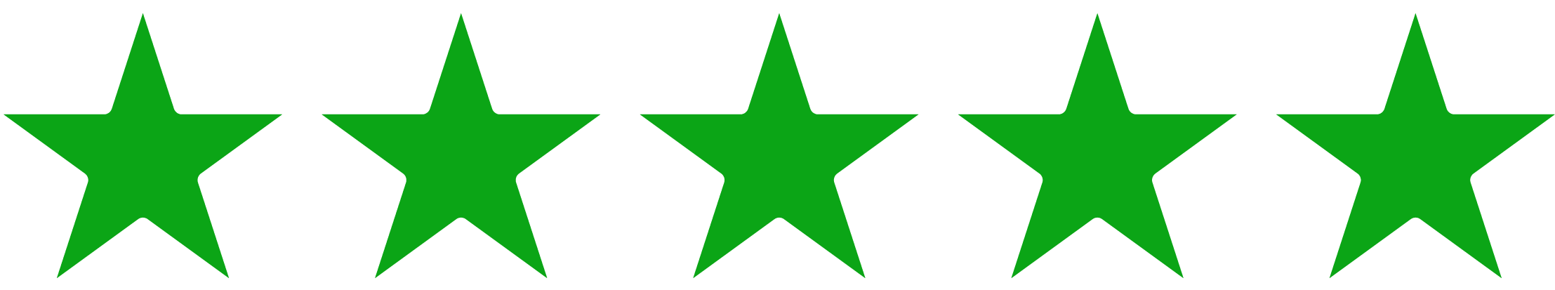Five green stars in a row, each with five points.