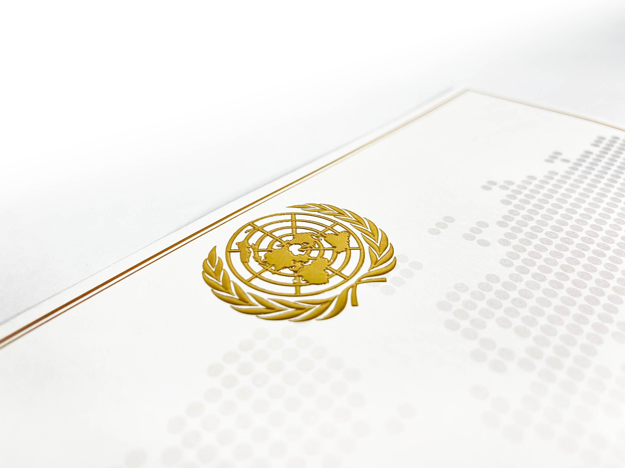 Close-up of the United Nations emblem embossed in gold on a white document or paper.