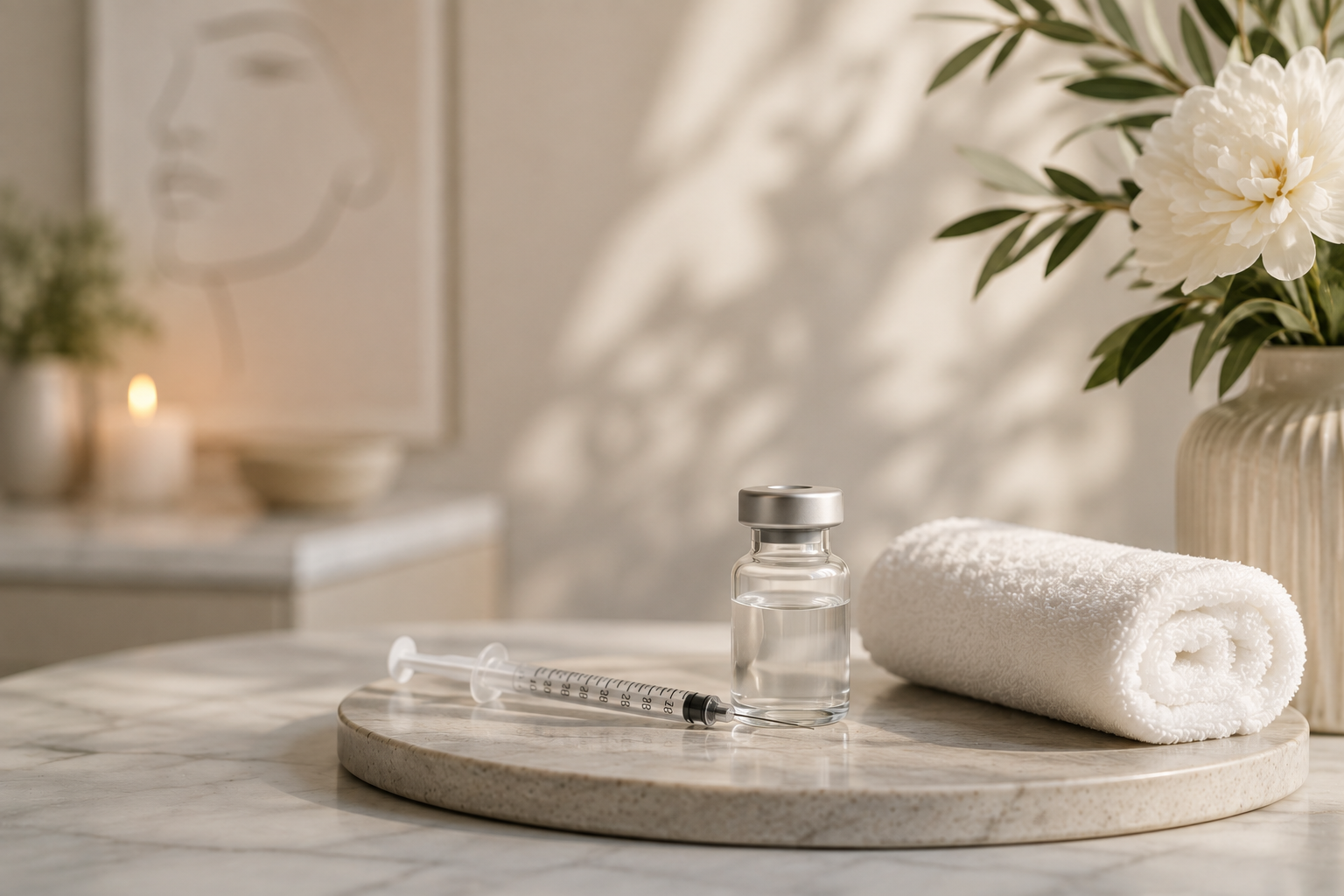 A rolled white towel, a glass vial with clear liquid, and a syringe on a round marble tray in a bright, minimalistic setting with white flowers in a vase in the background.
