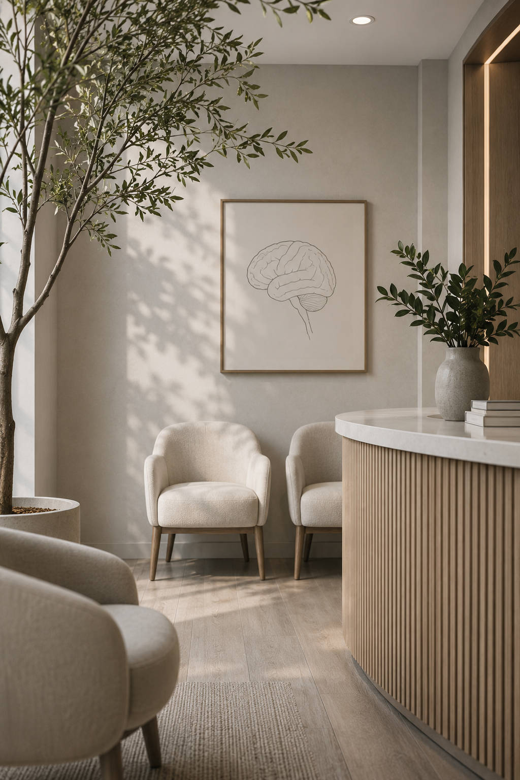 Minimalist waiting area with two beige armchairs, large potted plant with green leaves, framed line drawing of a brain on the wall, and a curved reception desk with plants and books.