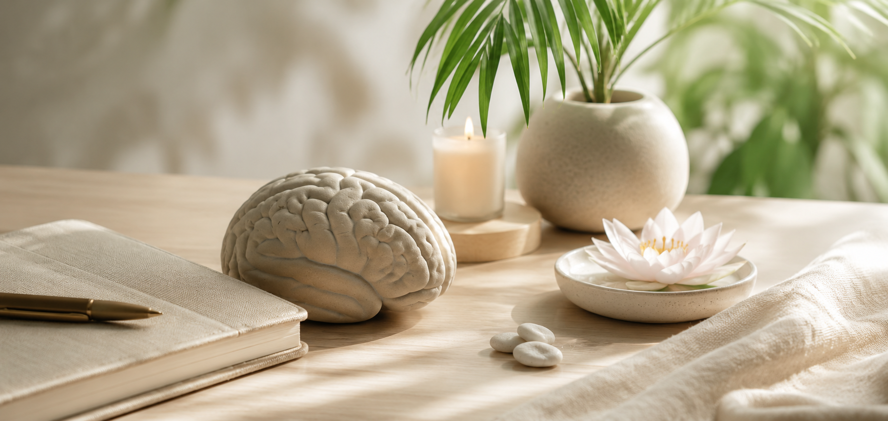 Table decorated with a notebook, pen, brain sculpture, white flowers in a bowl, a candle, potted plant, and white stones in a bright, natural light setting.