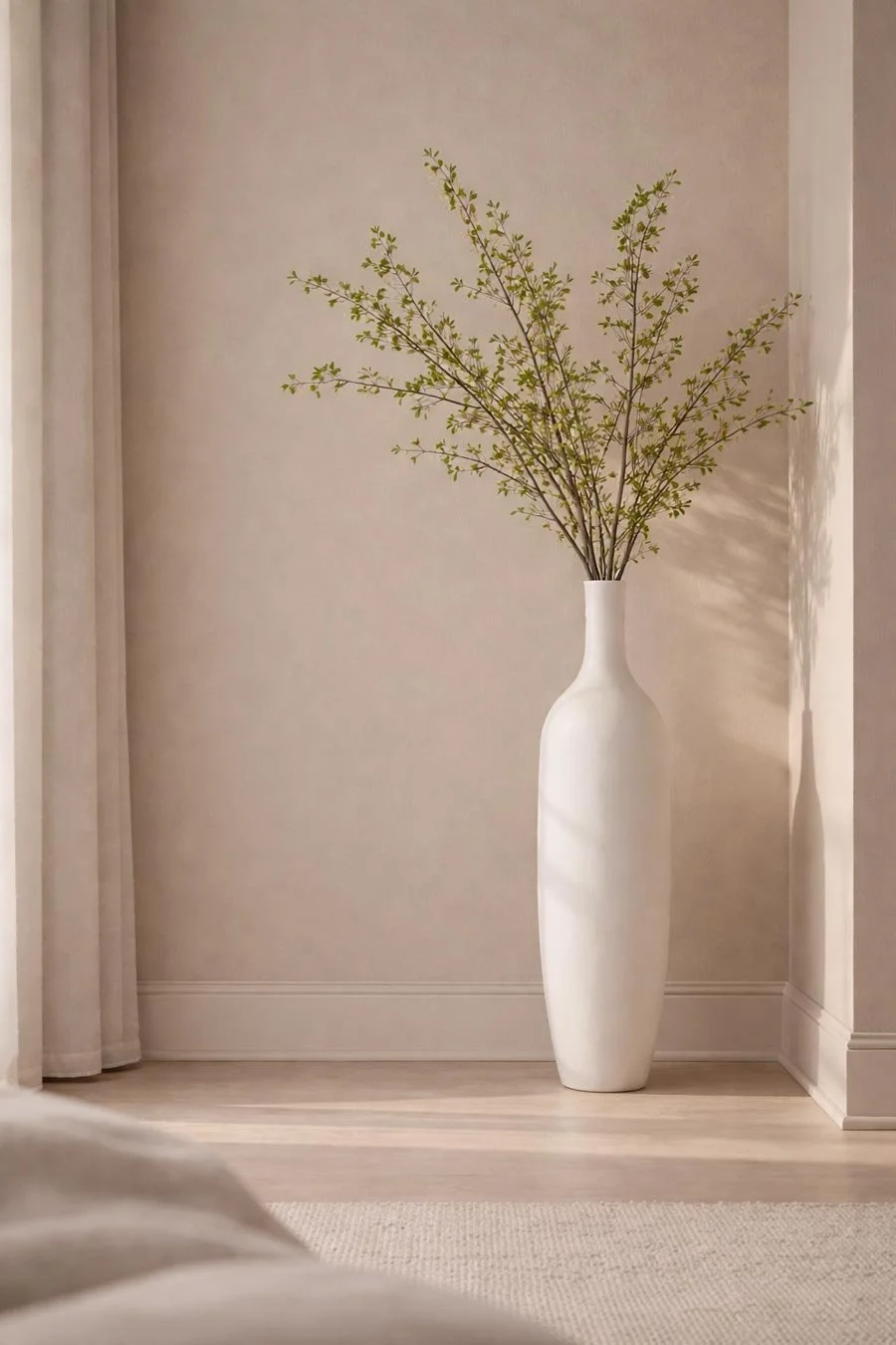 Tall white vase with green leafy branches inside, placed in corner of a room with beige walls and light wood floors.