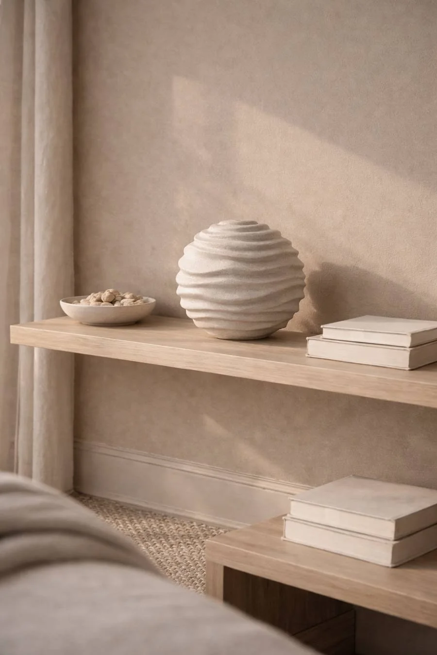Decorative beige vase with textured wave pattern on a light wood shelf, next to a small bowl of shells and stacked white books. Neutral tones and soft shadows create a minimalist aesthetic.